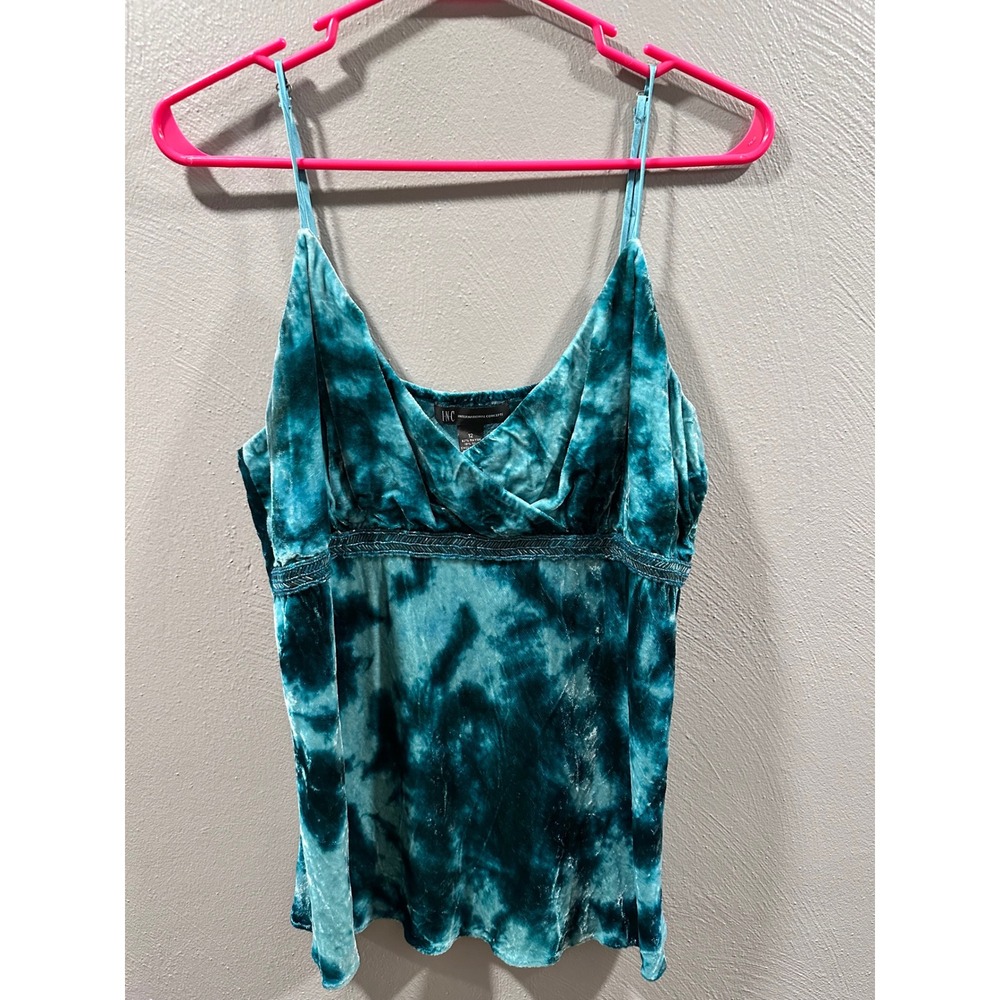 INC International Concepts Teal Tie Dye Silk Velvet Beaded Cami Top Size 12